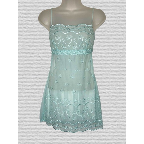 Vtg Y2K Victorias Secret Babydoll Eyelet Sheer Mesh Slip Womens SM Mint Green - Picture 1 of 6